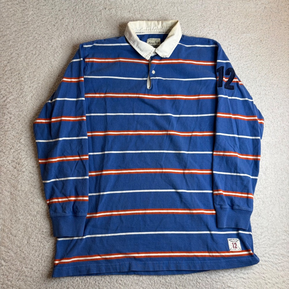 American Eagle Vintage Rugby Shirt Mens XL Blue Striped Long Sleeve Cotton 12